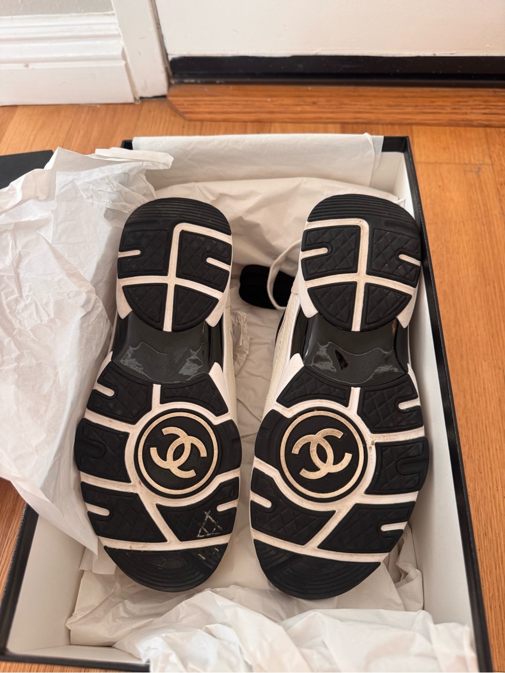 CHANEL Black and White Logo Sole Sneakers - Youth